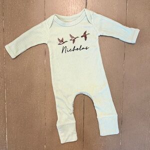 Newborn Baby Boy Olive Green “Nicholas” Monogram Mallard Duck Onesie • Size NB